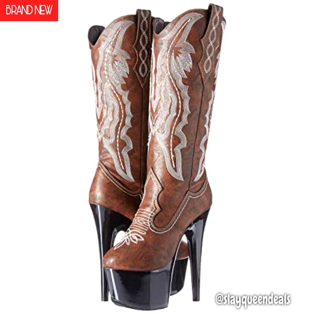 Women's Knee High Cowboy Boots 7" Stiletto 2.5" Platform Western - Picture 8 of 8